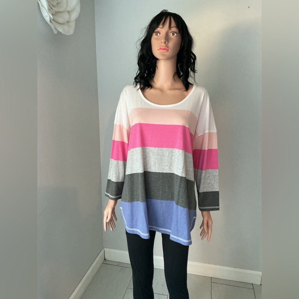 Talbots Colorblock Long Sleeve Top - Pink, Gray, Blue